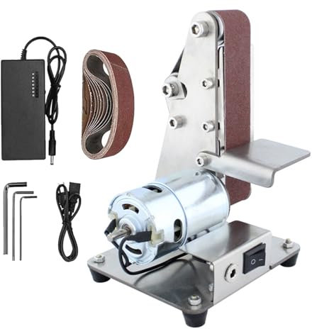 Smerigliatrice a nastro elettrica, piccola mini levigatrice elettrica, levigatrice per lucidatura fai da te, macchina con bordo aperto, levigatrice verticale per tavolo, 7 marce, regolabile, nastri
