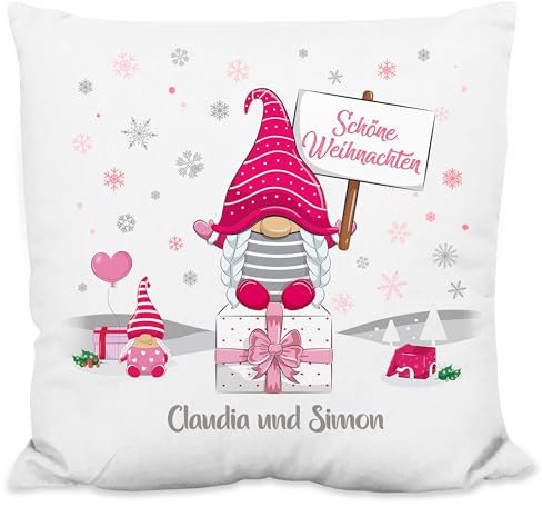 True Statements Weihnachtskissen personalisiert „Schöne Weihnachten“ - mit Wichtel-Motiv (rosa) - 40x40cm, inkl. Kissen-Füllung - Zierkissen Geschenk Weihnachten (Strukturiertes Kissen)