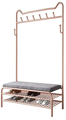 SilteD Exquisiter Kleiderständer, Garderobenständer mit gepolsterter Bank und Ablageboden, industrielle Akzentuierung mit Metallrahmen/Roségold/70 x 32 x 175 cm