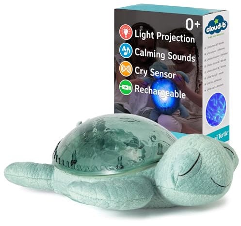 Cloud b Veilleuse projecteur océan avec 2 bruits blancs et 2 sons apaisants | Réglages réglables et arrêt automatique | Capteur de cri | Tissu recyclé | Tortue tranquille – Vert (rechargeable)