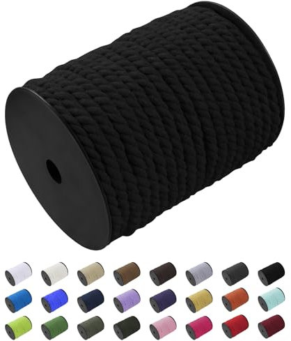 Uiopa Corde Macramé 8mm x 40m, Fil Macramé Coton Corde Coton Naturelle, Ficelle Cordon Macramé Cordelette 8mm pour Tenture Murale, Porte Plante Mural, Rideau, Décoration Bohème (Noir)
