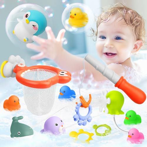 twoonto Badespielzeug, Badezimmerspielzeug mit Badespritzspielzeug Fischernetz Angelrute Gummiente 15 Pack Schwimmbadespielzeug Pädagogisches Badespielzeug für Kleinkinde