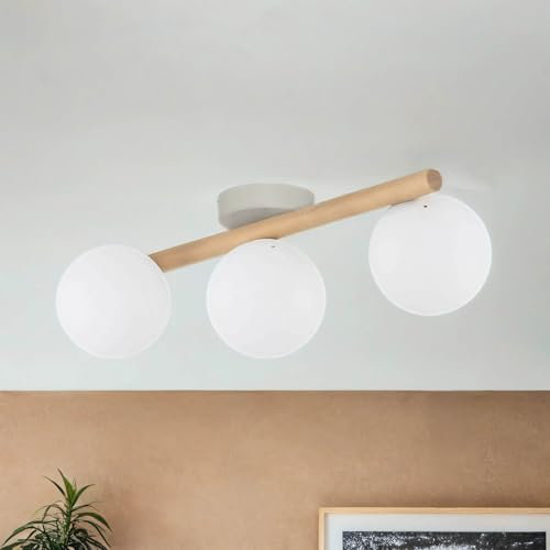 Licht-Erlebnisse Deckenleuchte Glas Holz Metall 47 cm lang G9 in Hell Weiß 3-flammig Modern Kugelschirm Deckenlampe Wohnzimmer Küche Beleuchtung Flur