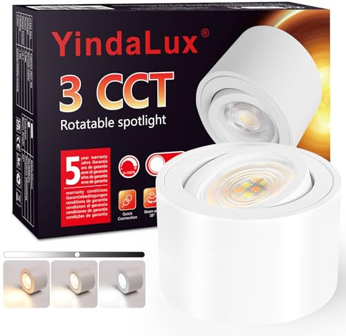 YindaLux 3CCT LED Aufbauspot Weiß - Extra Flach & 30° Schwenkbar - Ø80x50mm - Aufputz Spots Decke Inkl. 5W 500LM Dimmbar Modul 230V - Deckenspots, Aufbaustrahler, Deckenstrahler