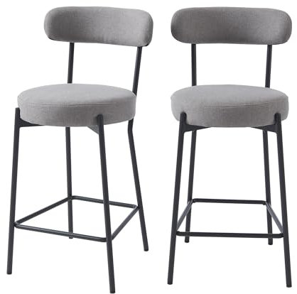 Lot de 2 tabourets de Bar NOA en Tissu Gris et Pieds en métal Noir