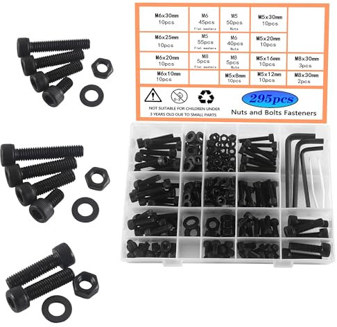HVDHYY M5 M6 M8 Bulloni e Dadi Bulloni Viti Neri Assortimento Kit Acciaio al Carbonio Rondelle Dadi Viti a Esagono Incassato con Scatola di Immagazzinaggio Dotato di 3 Chiavi 295pcs