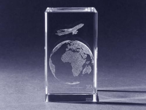 Generisch 3D Crystal - Weltkugel mit Flugzeug im Kristallwürfel 60x35x35mm oder 80x50x50mm (60x35x35mm)