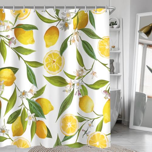 Lerores Duschvorhang 150x200cm Zitrone Blatt, Beschwerter Saum Saum Antischimmel, Wasserabweisend, Waschbar Polyester Badevorhänge mit 8 Ösen und Duschvorhangringen für Badezimmer, Badewanne
