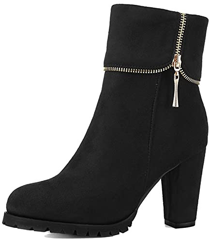 Gicoiz Donna Eleganti Tacco Alto a Blocco con Risvolto Stivali Chelsea Punta Rotonda Inverno Warm Suede Ufficio Lavoro Festa Formal Polacchine Nero Numero 42 EU-44Cn