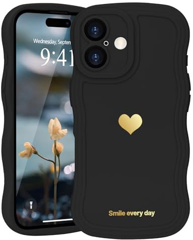 LAPOPNUT for iPhone 16 Case,Cute Curly Wave Frame Love Heart Phone Case for Girls Women,Soft Silicone TPU Bumper Shockproof Camera Protective Cover for iPhone 16 6.1 inch,Black