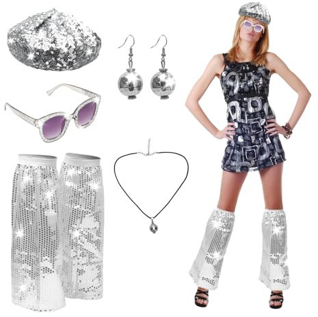 Yuragim 70er Jahre Disco Zubehör, Disco Accessoires Kostüm Glitzer Accessoire Damen mit Glitzer Baskenmütze Pailletten Stulpen Disco Brille 70er 80er Jahre Outfit Damen für Fasching Karneval Silvester