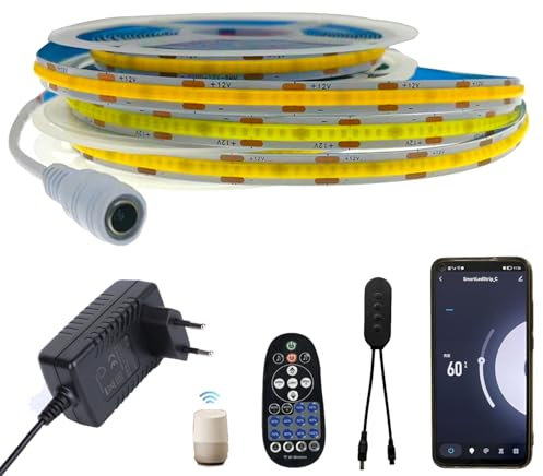 FOLGEMIR Tira de LED COB 2m Blanco Neutro 4000K dimmable, controladas por WIFI con Mando Distancia IR y Fuente Alimentación 12V, autoadhesiva, IP20, compatible con APP Tuya