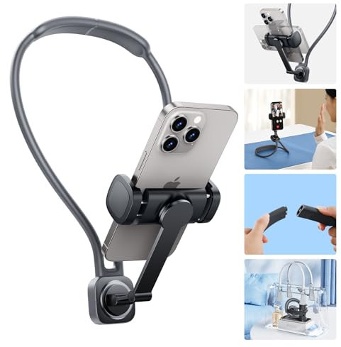 HIYJEN Neck Mount Phone Holder for Recording, POV/Vlog Cell Phone Holder Around Neck with Phone Clip, Hands Free Phone Holder for Neck Tripod Selfie Filming Video Recording for iPhone Samsung Google