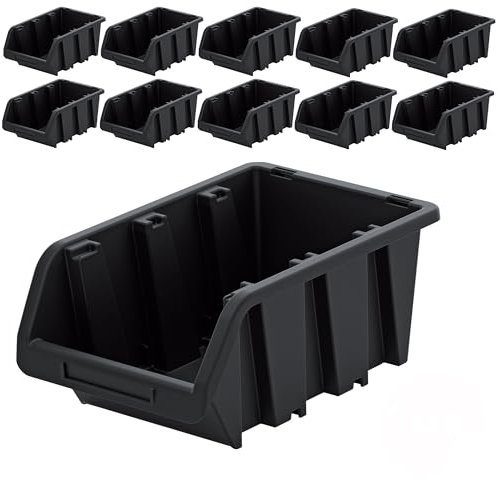 PECZEKO Werkstatt-Stapelkiste, Stapelbox aus PP Kunststoff, Sichtbox Stapelbox, Lagerboxen für Werkzeugswand, Sichtlagerkasten, Sortierbox - Schwarz 10 Stück, 290x200 mm