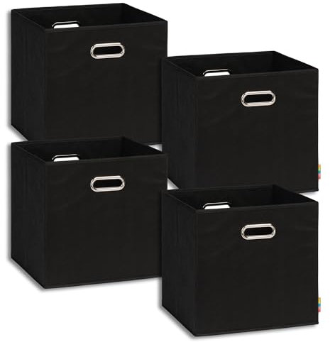 Storanda | 4er Set Aufbewahrungsbox 33x33x32.5 cm | Breite Griffe auf zwei Seiten | Stabil & Faltbar | Regalbox für Würfelregal | Ideal für Zuhause & Kinderzimmer | Schwarz