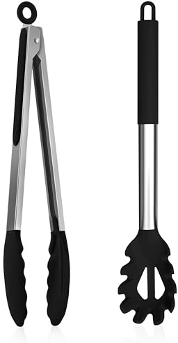 Homikit Edelstahl Spaghettilöffel und Küchenzange, Antihaft-Silikon Spaghetti Server Set, Hitzebeständig Nudellöffel & Kochzange, Pasta Gabel Grillzange Set zum Backen, Kochen und Servieren, Schwarz