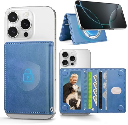 OCASE Magnetischer Kartenhalter mit 5 Kartenfächer Hellblau | für iPhone 16/15/14/13/12 Modelle mit Handschlaufe Apfelleder für Mag Safe Wallet RFID-Schutz