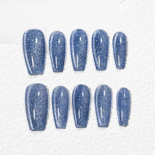 Sun&Beam Nails Handmade Press-on Medium Long Coffin Ballerina Blue Magnet Solid Color Minimalist Design Fashion False Nail Tips 10 Pcs Set (#243 XS)