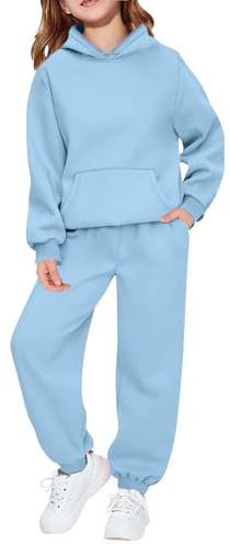Couawaticy Tuta da allenamento per bambini, ragazze e ragazzi, in tinta unita, in pile, con cappuccio, top e pantaloni, set completo per bambini di età compresa tra 2 e 14 anni, Azzurro, 11-12 Jahre
