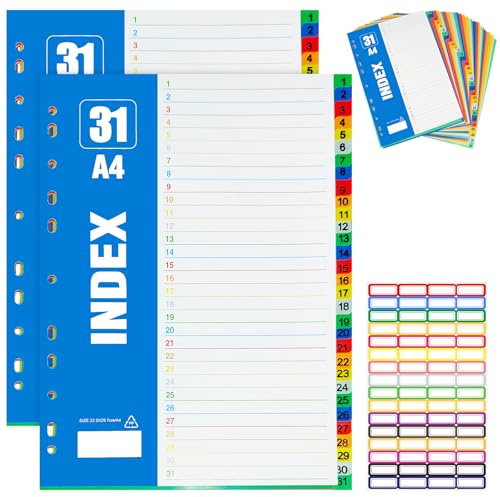 KASURE 2er 1-31 Trennblätter für Ordner A4 und 1 Etiketten Selbstklebend, Teilig A4 Register Trennblätter für Ordner, Akten-Trennblätter, Plastik Registertrenner für Organisation, Schule, Zuhause