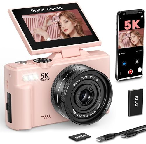 Longyi Appareil Foto-Nummer, 5K, 75 MP, Fotoapparat, Vlogging Avec WiFi, 64 GB, Ecran LCD-LCD-Bildschirm mit 7,6 cm (3,0 Zoll), 180°-Drehung, Digitalkamera, kompakt, für Reisen, Débutants und