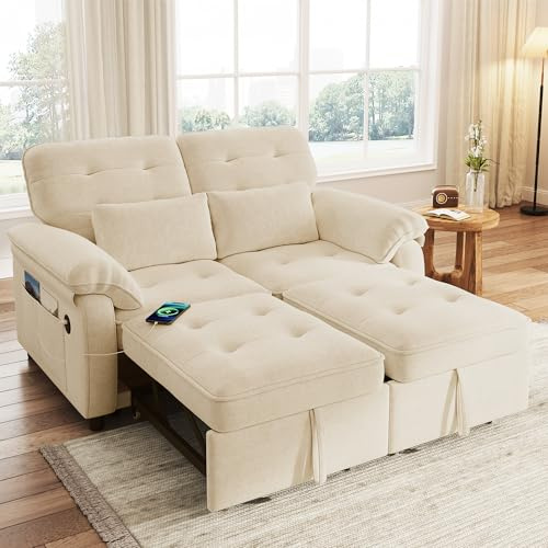 BTM 2-Sitzer Schlafsofa mit Verstellbarer Rückenlehne, Sofabett mit USB‑Ladeanschluss Schlafcouch Ausziehbar Beige