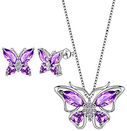 Aurora Tears Schmetterling Halskette/Ohrringe Set 925 Sterling Silber Februar Birthstone lila Amethyst Schmuck Set Tiere Schmuck Geschenk für Frauen und Mädchen DS0035W