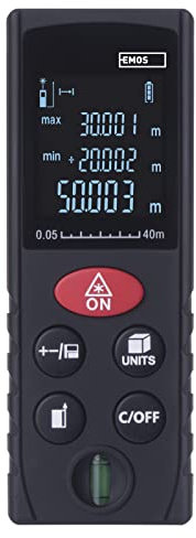 EMOS Laser Entfernungsmesser 40m, LCD Hintergrundbeleuchtung, Laser Messgerät für Distanz, Fläche, Volumen (m3, ft3) und indirekte Höhenmessung, mit Nivellierwaage, 2X 1,5V-Batterie-Bedarf, IP54