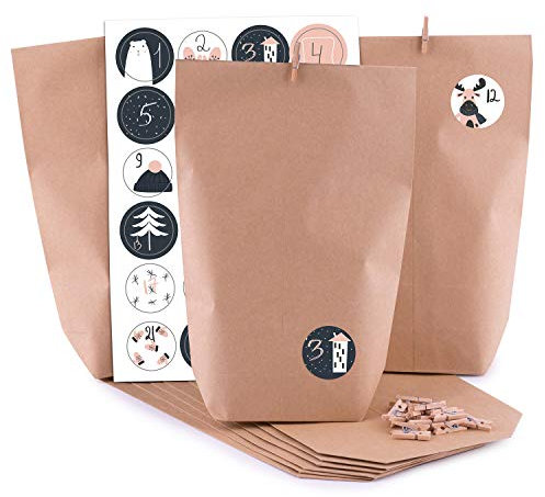 Adventskalender zum Befüllen Sweetly 24 Kraftpapiertüten braun Kraftpapier Geschenktüten Weihnachten, Weihnachtskalender Bastelset inkl. Zahlenaufkleber, Accessoires und Klammern von pajoma
