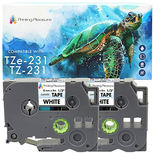 Printing Pleasure TZe-231 Schwarz auf Weiß Laminiert Schriftband TZ-231 2er Pack kompatibel für Brother P-Touch PT-1000 PT-H100 PT-D210VP PT-D400 PT-D600VP PT-P700 PT-P750W Cube, 12mm x 8m
