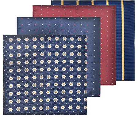 4 Pcs Pocket Square Handkerchiefs for Men, Vintage Assorted Polyester Silk Hankies, Classic Dots Stripe Pattern for Formal Wear, Celebration Banquet Parties Weddings