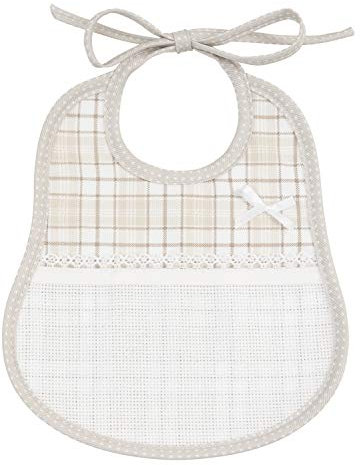 Filet - Ovales Lätzchen mit Tasche aus Aida-Stoff zum Besticken, Aus Baumwollpiqué mit schottischem Aufdruck, Ideales Produkt für Neugeborene, 100% Made in Italy, Größe 24x20 cm, Farbe Taubengrau