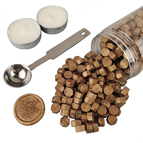 Siegelwachsperlen, AMTOL 300 Stück Bronze Wachssiegelperlen mit 2 Stück weißen Kerzen und 1 Stück Wachsschmelzlöffel, ideal für Hochzeitseinladungen, Kartenumschläge, Geschenkverpackungen(Bronce)