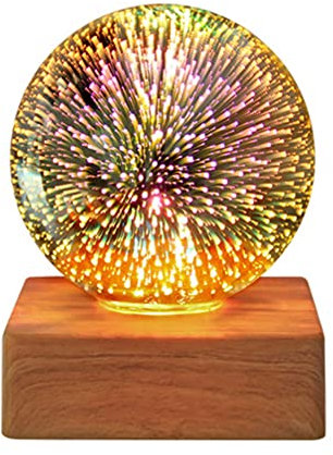 3D Colorful Glass Night Light USB Projector Lamp Globe Ball Crystal Glass Night Light Atmosphere Light with Wood Base for Home White