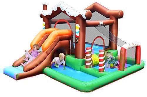 COSTWAY Aufblasbare Hüpfburg Springburg mit Wasserbecken, Rutsche, Kletterwand, Basketballkorb, Hüpfschloss Spielburg für Kinder 380x330x220cm