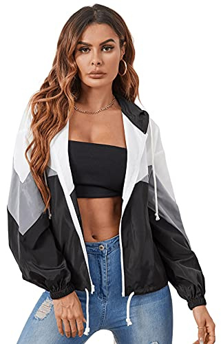 Floerns Women's Color Block Hooded Casual Thin Windbreaker Jacket Dark Multi L
