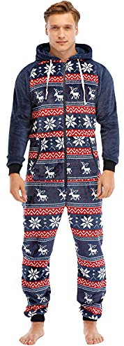 Ketamyy Pigiama Tutina Uomo in Flanella Zip Morbido Intera Jumpsuit Manica Lunga Body con Cappuccio Invernali Caldo Monopezzo Onesies Tuta da Casa Blu L