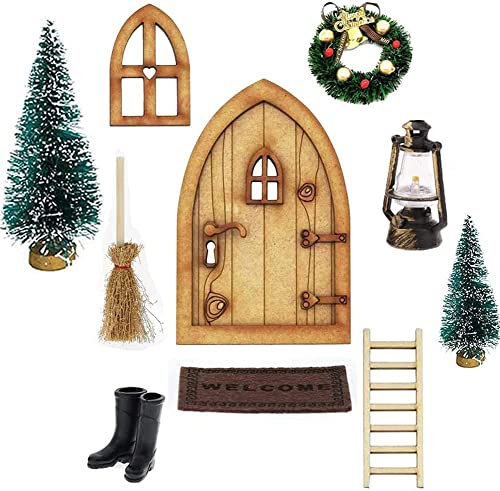 Hilai Miniatur-Weihnachtsdeko Set, Wichteltür Nissedor mit Zubehör, Wichtel Zubehör Stiefel Laterne Weihnachtsbaum Dekokranz Holzleiter Wichtelbesen Zuckerstange Weihnachtsdeko Figuren (10)