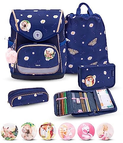 Belmil Premium Compact Plus ergonomisches Schulranzen Set 5 - teilig, AGR, Brustgurt, Hüftgurt, Magnetverschluss (405-41/P/S) (Daisy)