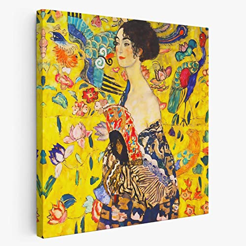 BKstuff Cadre Peinture oeuvre d'art, Reproduction sur toile entoilée Oeuvres de Gustav Klimt (Dame avec ventilateur, Gustav Klimt, 50x50cm)