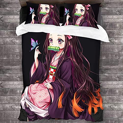 ANSSON Shinobu Figure Kinder Bettwäsche Set Demon Slayer Anime Mikrofaser Bettbezug Mit Reißverschluss,Tomioka Giyuu Fanartikel Kissenbezug (135x200cm+80x80cmx2, Nezuko4)