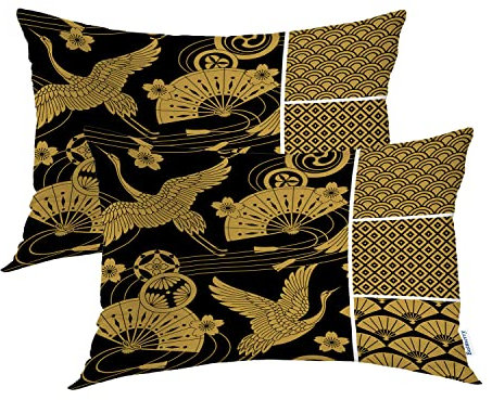 Batmerry Black Oriental Pillowcases,Gold Japanese Fan Decorative Bed Pillowcases Digital Printing Blended Fabric Bedroom Set Hidden Zipper on Short Side 20X26 in