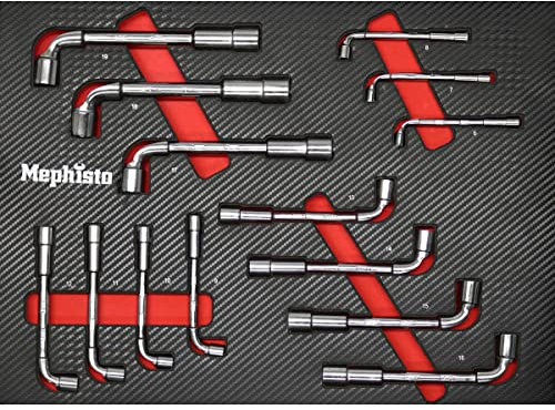 Mephisto Werkzeugeinlage Werkzeug Set Pro Line Werkstattwageneinlage Schraubenschlüsselsatz, Pfeifenkopfschlüssel-Satz, Doppel Steckschlüssel Satz, Sechskant, 14 tlg. mit Soft Inlay in Carbonoptik