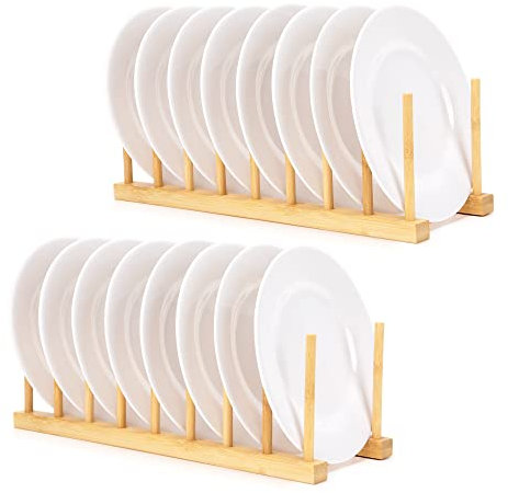 E-ROOM TREND Escurridor de Platos para Cocina 2 Paquetes 8 Compartimentos Madera de Bambú Natural Organizador de Almacenamiento secar Tazas Cocina sartenes Tapas Soporte para Tabla de Cortar (DR1802)