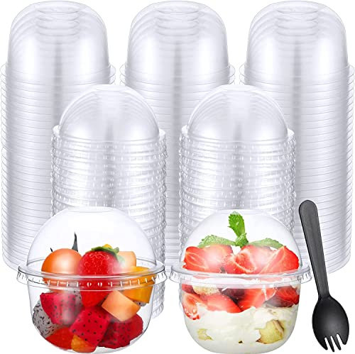 MIVIDE 100 vasos de postre con tapa y cuchara, 250 ml/9oz vasos de postre de plástico, tazas de postre con tapa para mousse, pudín, helado, fiesta de postre, bodas