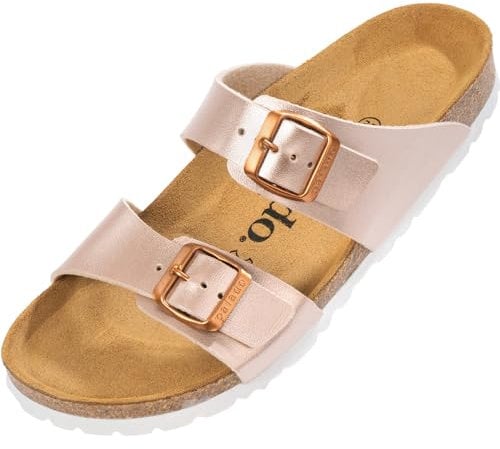 Palado Pantoletten Damen Samos - elegante Sandalen Made in Spain - bequeme Hausschuhe mit dämpfendem Kork-Fußbett - modische Sommerschuhe Metallic Rosa Kupfer UK9 - EU42