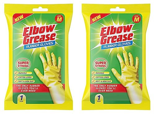 Elbow Grease Rubber Gloves Cotton Lined Extra Strong Non-Slip Size Medium,Yellow, 7.0 gram (Pack of 2)