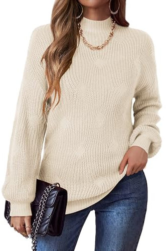 Zeagoo Damen Pullover Winterpullover Casual Rollkragen Strickpullover Warm Sweater Lose Rundhals Langarm Strickwaren Oberteile Cremeweiß M