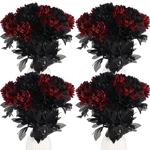 Tigeen 30 fiori bordeaux rosso vino dalie artificiali con steli, bouquet di dalie in finta seta, stelo lungo, per matrimoni, Halloween, bouquet da sposa, raccolta, centrotavola, decorazione per la