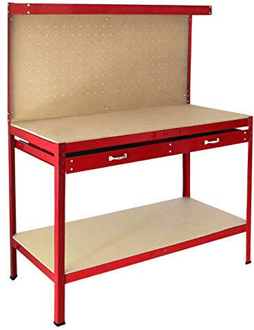 Banco da Lavoro a 3 Livelli con Piano da 120x60cm Ultra Resistente e Pannello Parete Forata Porta Attrezzi Utensili e 40 Ganci universali GRATIS + 2 Mensole e Cassetto - Rosso